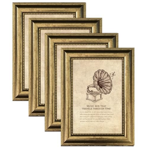 5x7 Picture Frame with Real Glass, 4 set Ornate Vintage 5x7in ps-Gold-4pcs