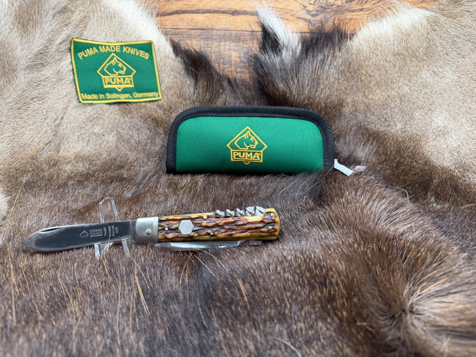 Pre 1964  Vintage Puma 959 Jagdmesser Knife With  Stag Handles Puma Green Pouch