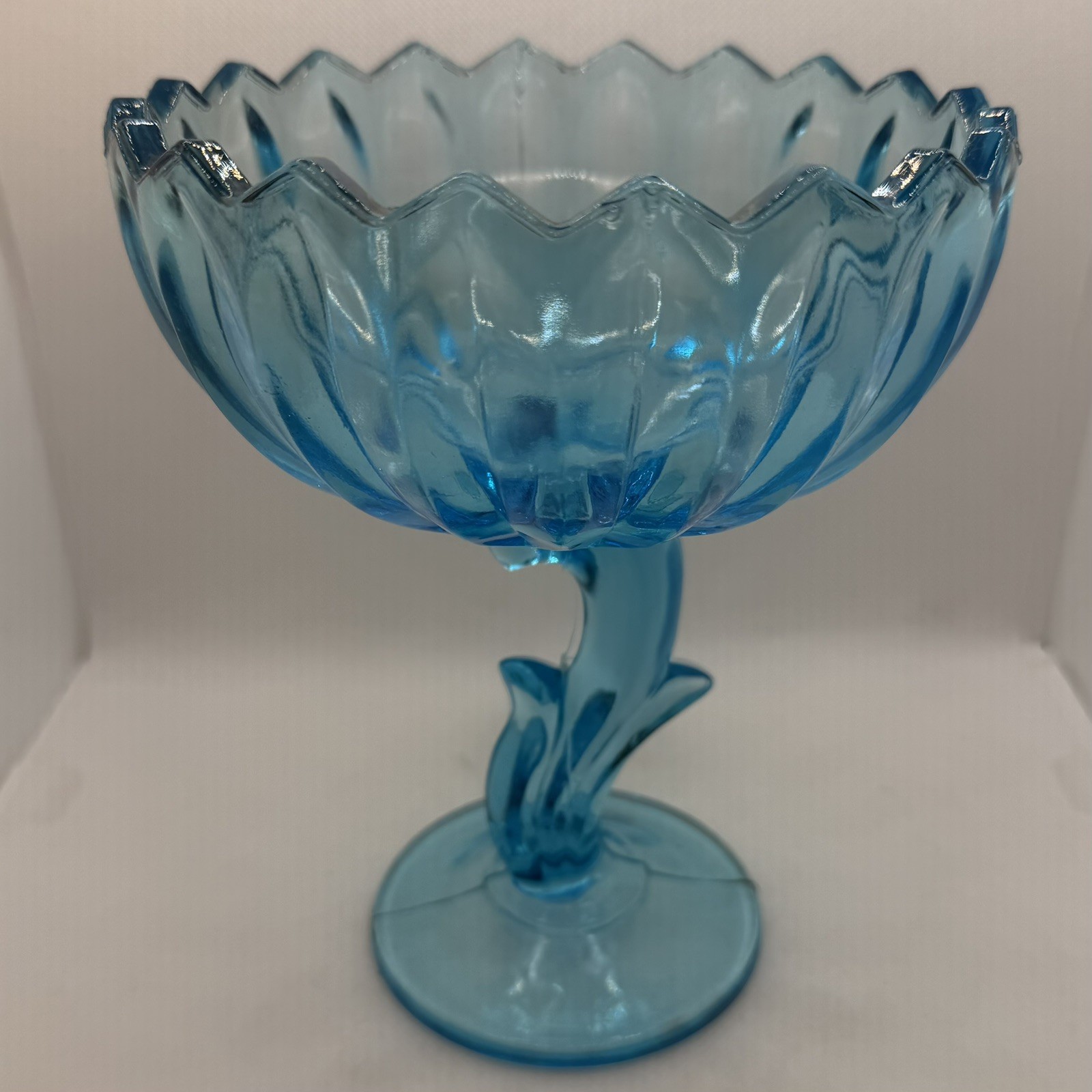 Vintage Indiana Glass Blue Lotus Shape Compote Candy Dish MCM Art Deco 