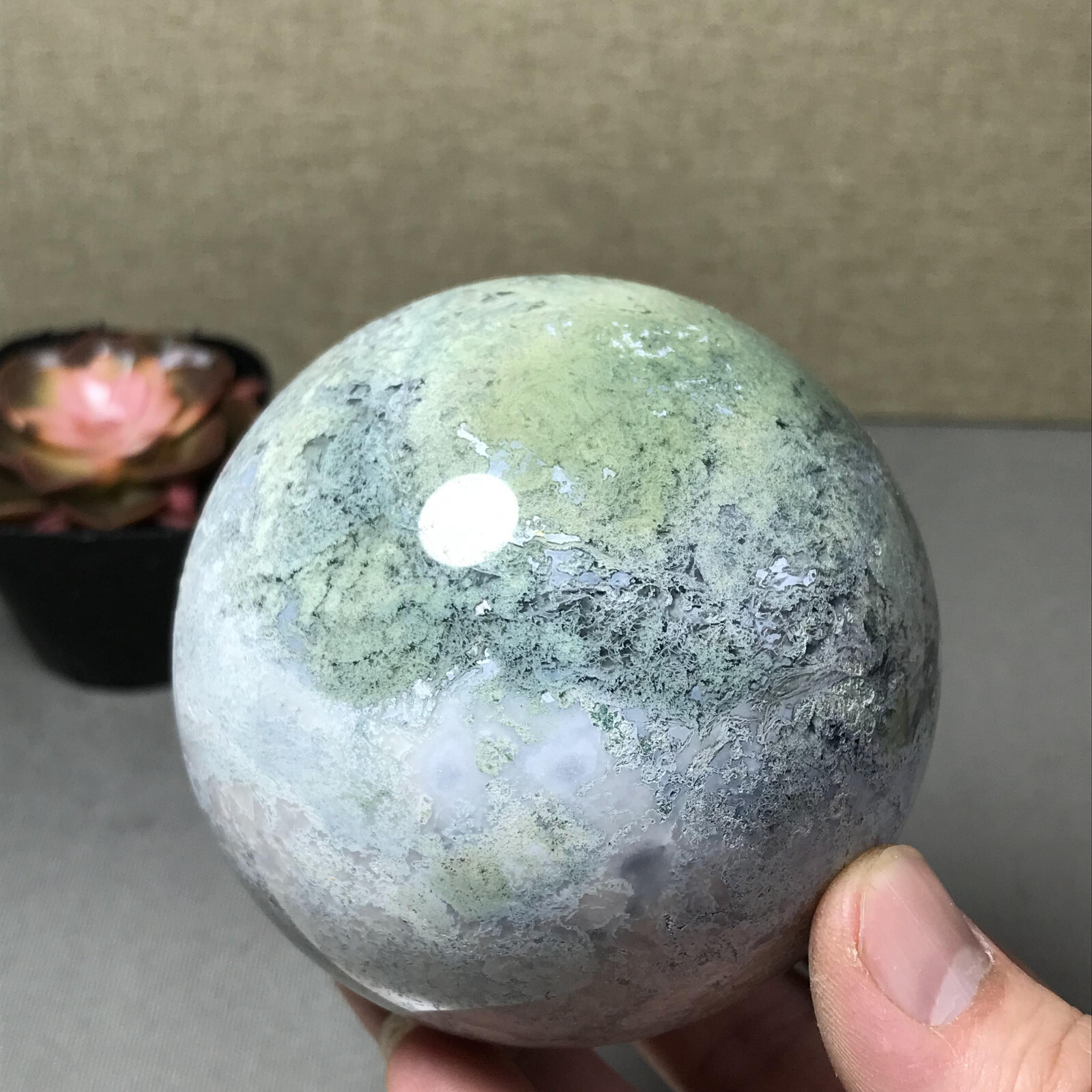 83mm Natural Polish/Rough Moss Agate Crystal ball sphere Specimen 655g A6793