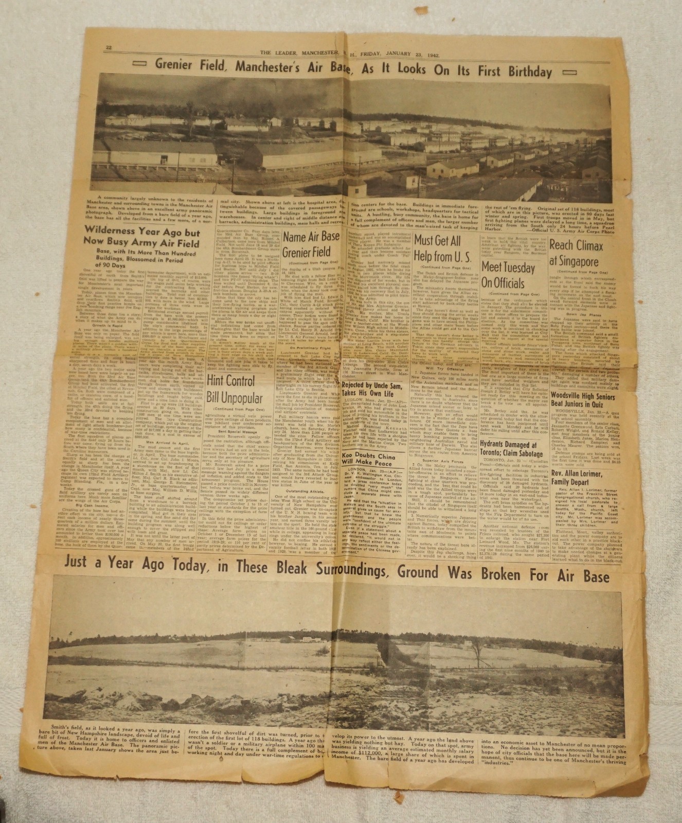 VTG The Leader, Manchester NH Grenier Field NH 1st Anniversary Articles 01/23/42