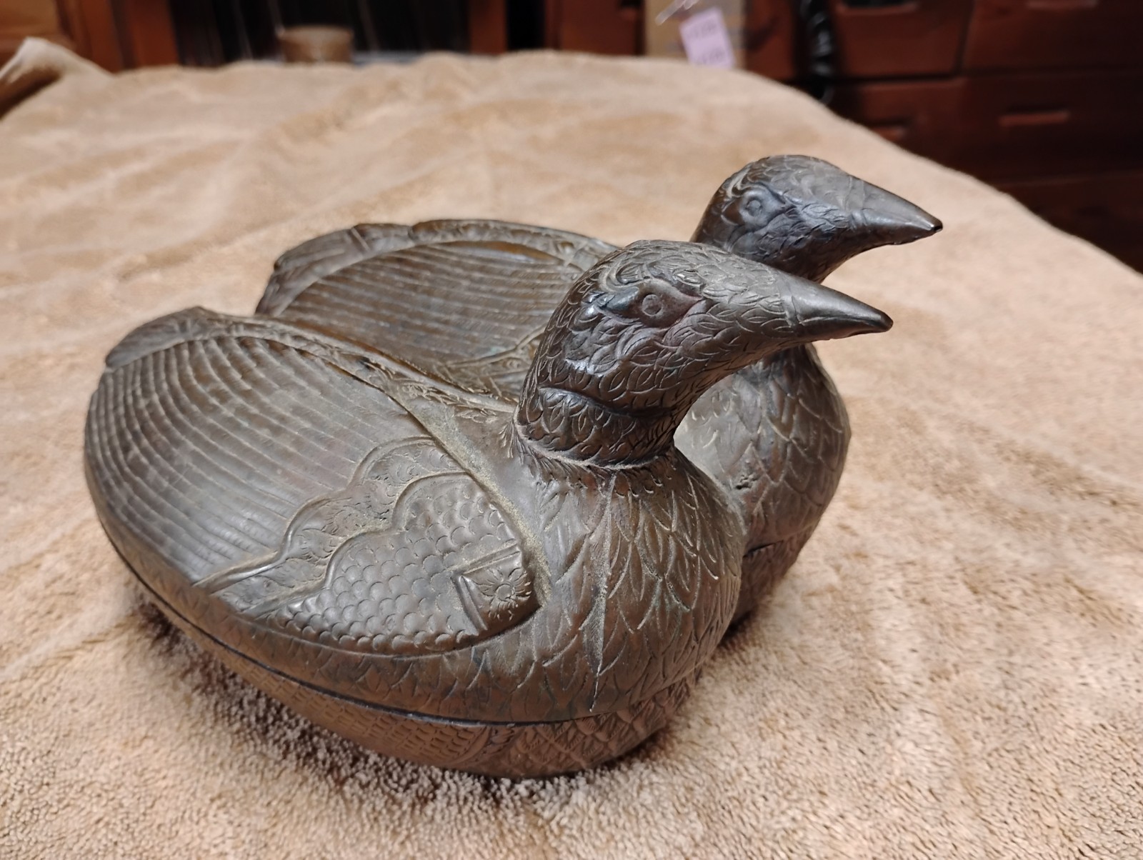 Vintage Cambodian Love Birds Hens Doves Copper Trinket Betel Box