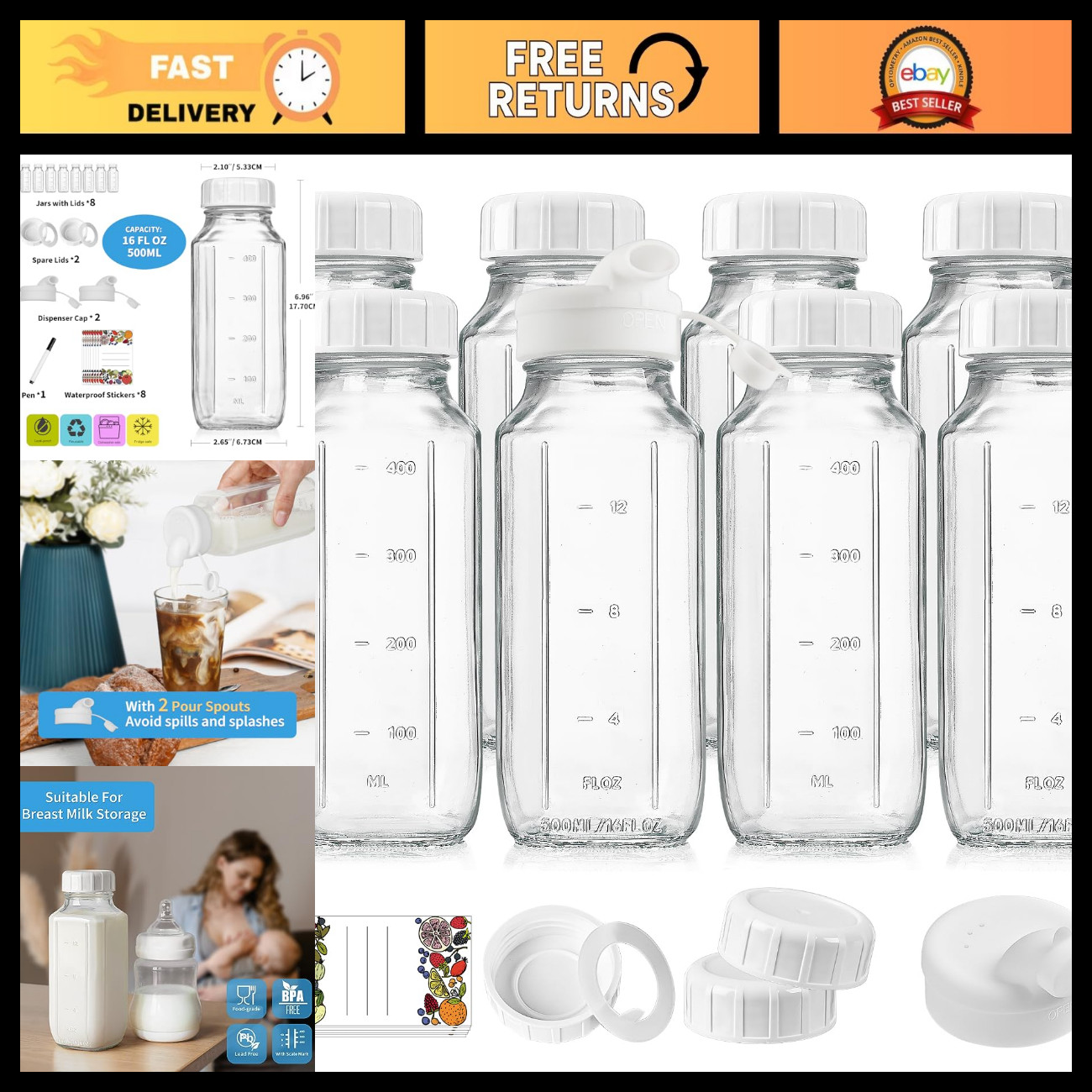 8 Pack 16 Oz Glass Milk Bottles with Lids, Pour Spouts & Extra Lids - Reusable S