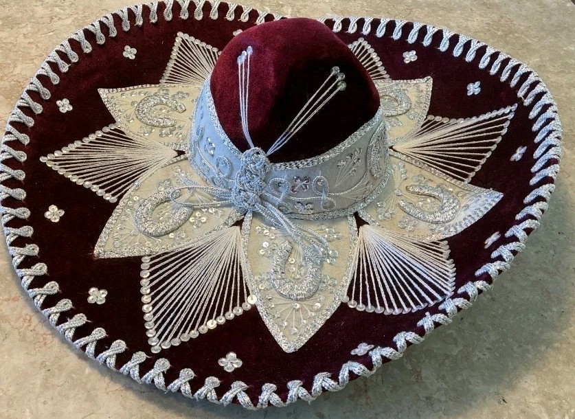 Vintage Pigalle 7X Mexican Sombrero Hat Burgundy Maroon Velvet Silver Mariachi Vintage Pigalle 7X Mexican Sombrero Hat Burgundy Maroon Velvet Silver Mariachi