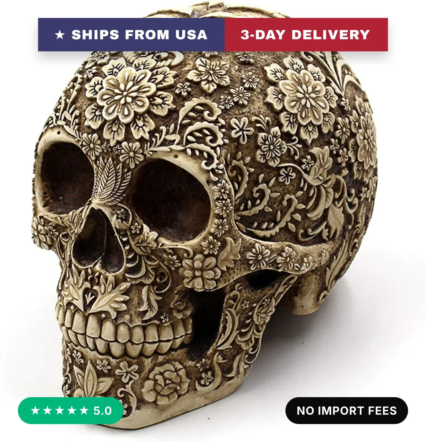 Creative Skull Flowers Sculpture 8.1\'\' Human Head Skeleton Statue Collectible Ha
