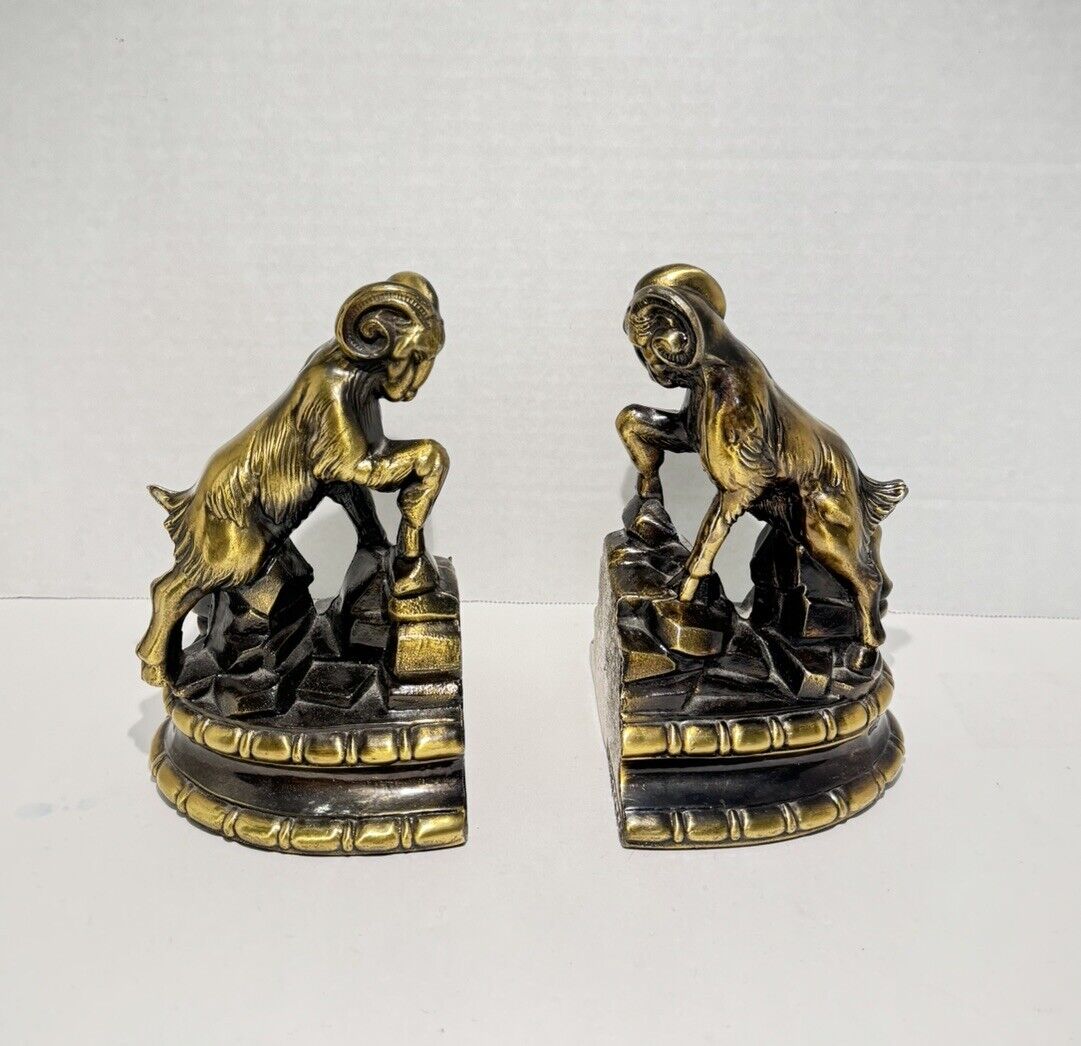 Vintage S.C.C. Brass Big Horn Sheep Ram Bookends Book Ends 1974 Rare
