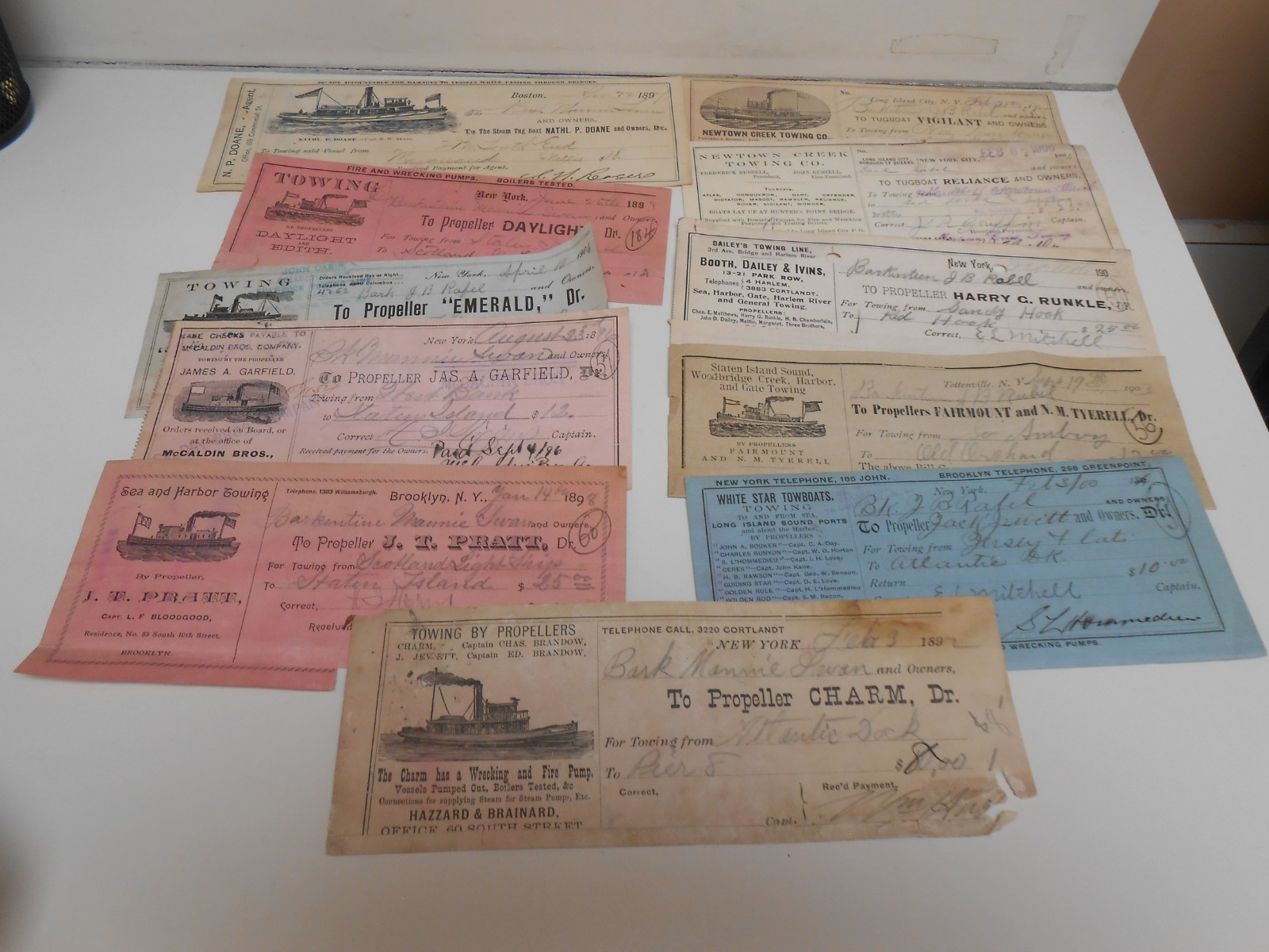 Large Lot Of 63 Tugboat/Propellor Towing Receipts - New York 1890\'s-1900\'s