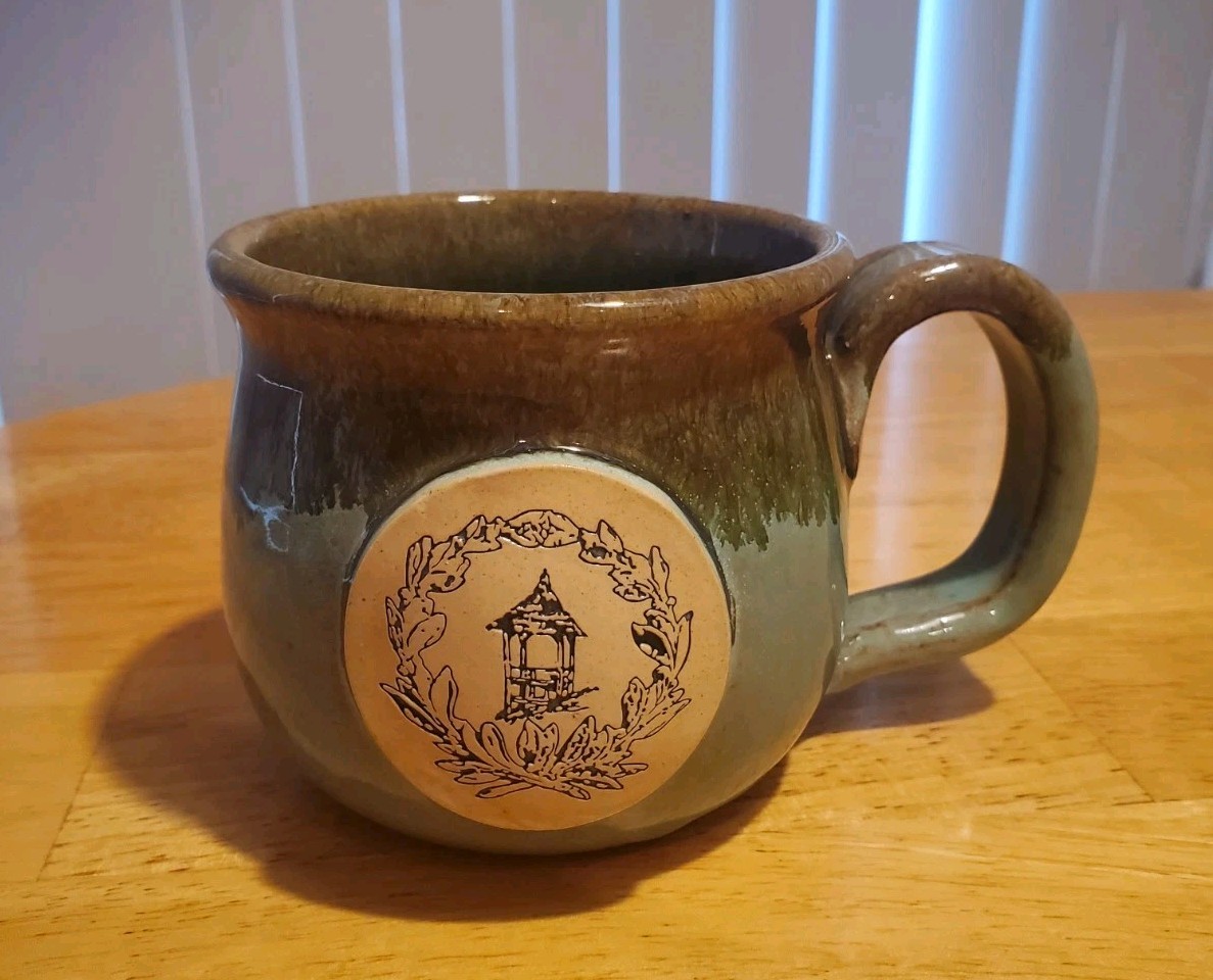Vtg Sunset Hill Stoneware Coffee/Tea Mug, Handcrafted, Soft Turquoise/Mocha Drip