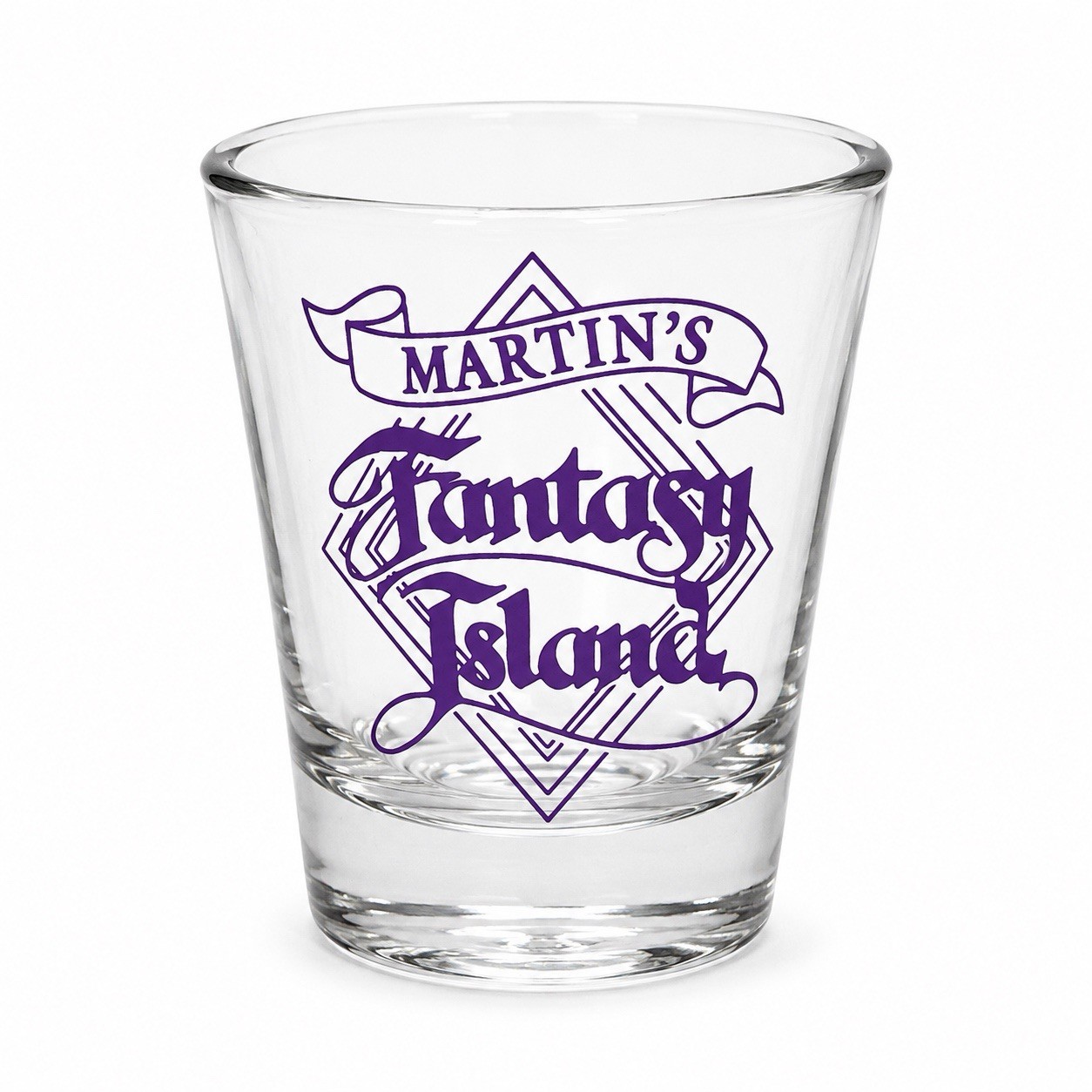 Vintage Martin’s Fantasy Island Shot Glass Purple Logo Barware Grand Island NY