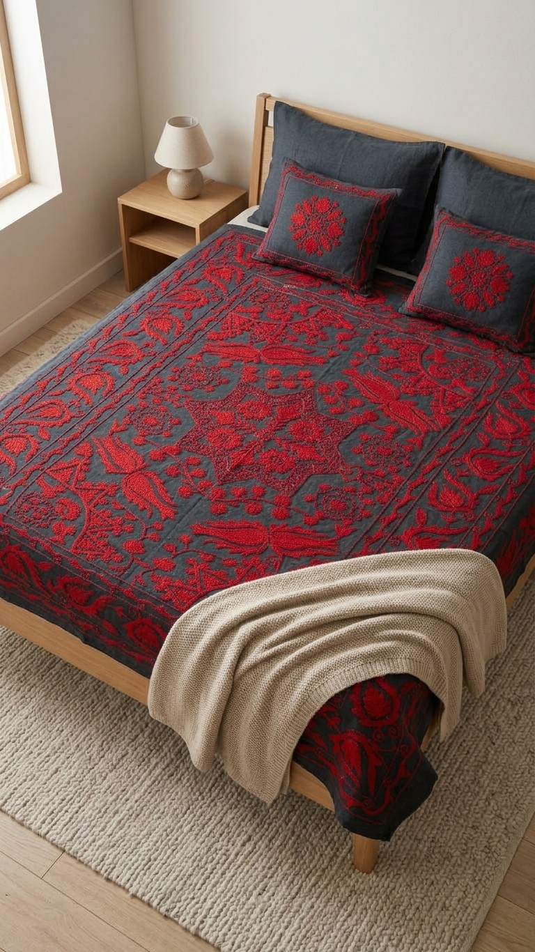 Handmade Uzbek Suzani Bedspread Black Red Floral Embroidery Boho Coverlet Throw