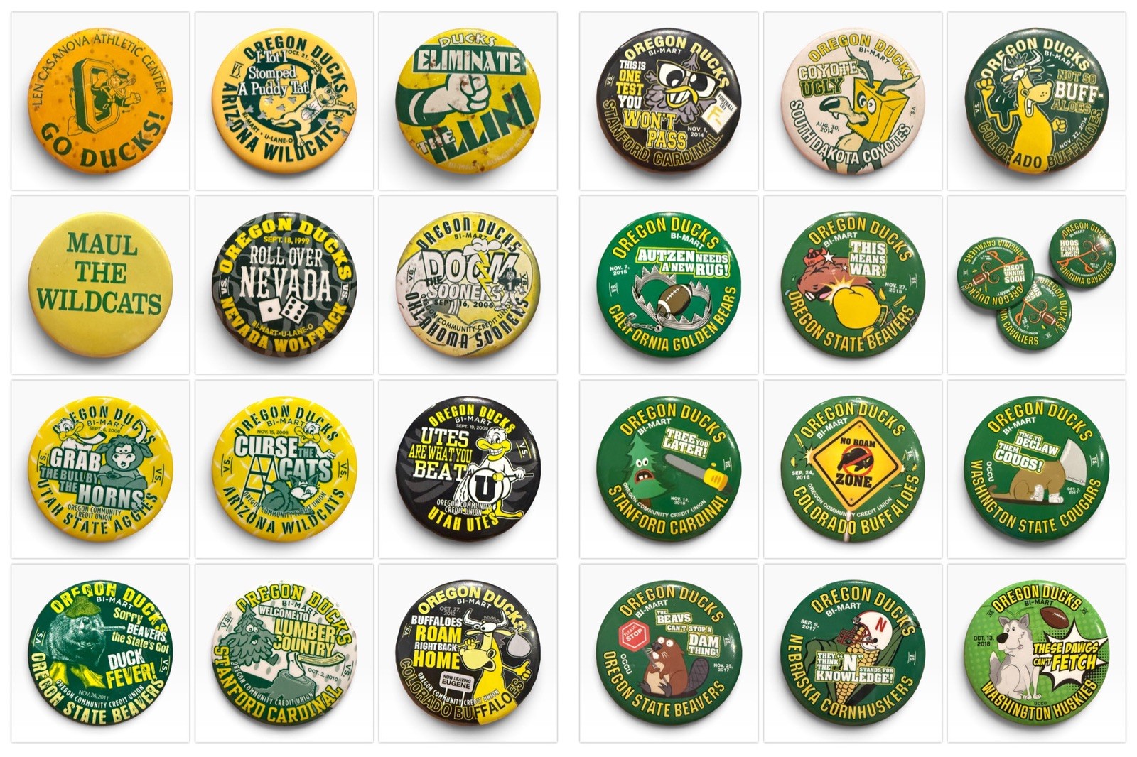 Oregon Ducks Bi-Mart Football Spirit Buttons Pins Vintage 1990s-2018 lot of 26