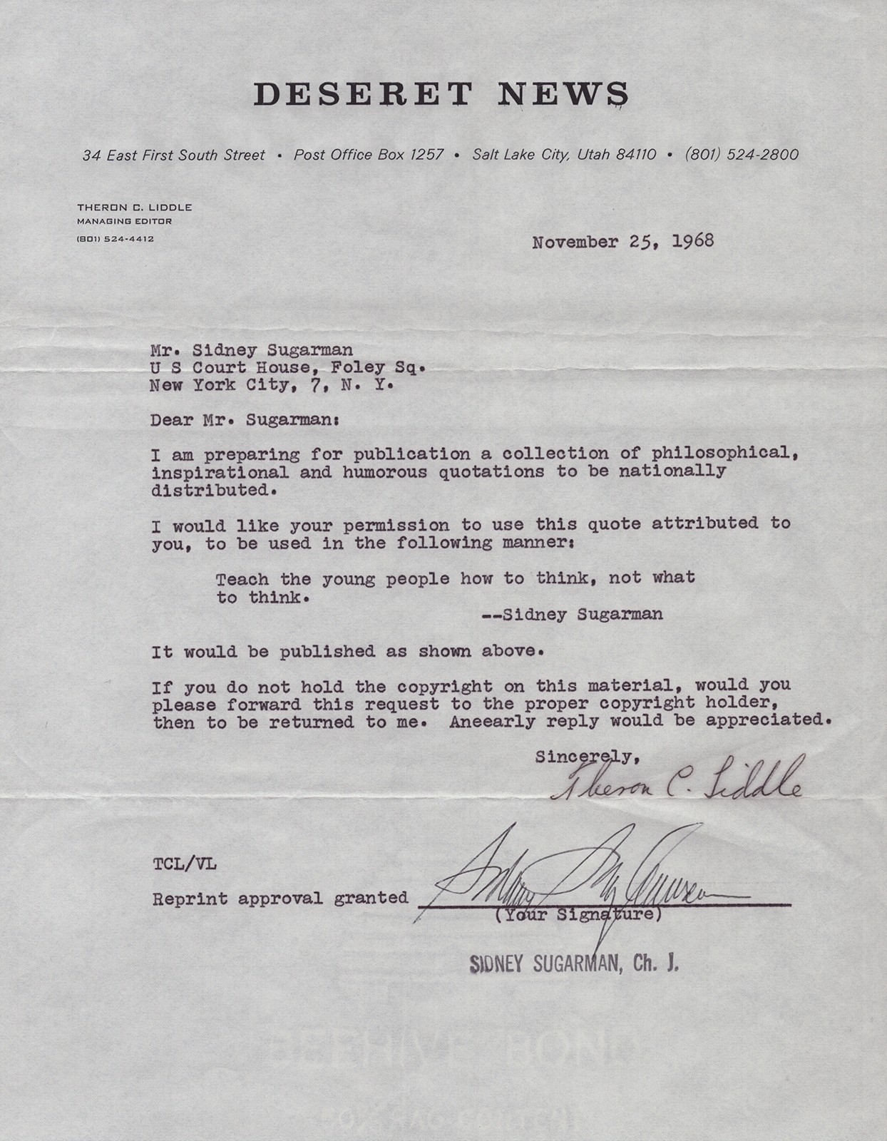 SIDNEY SUGARMAN - DOCUMENT SIGNED 11/25/1968 CO-SIGNED BY: THERON C. LIDDLE