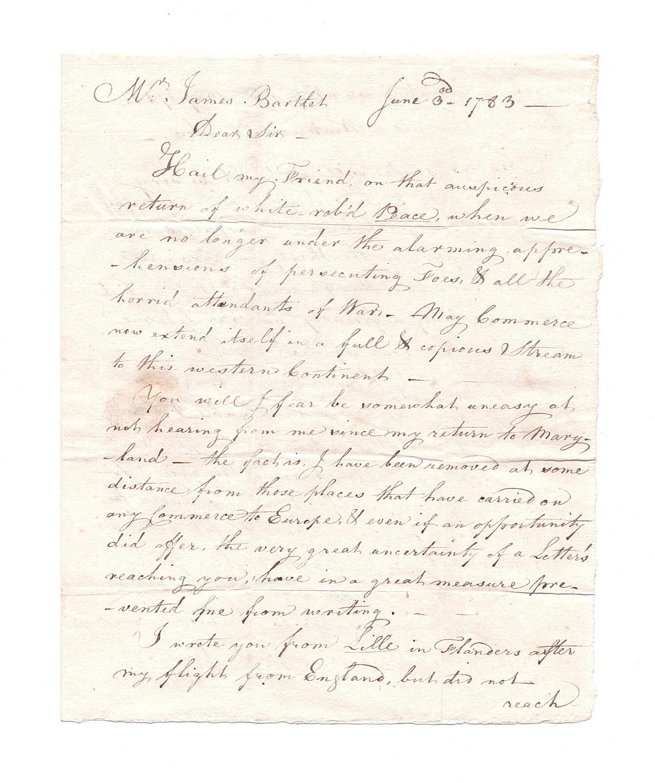 1783 letter from Revolutionary War prisoner following his release from England