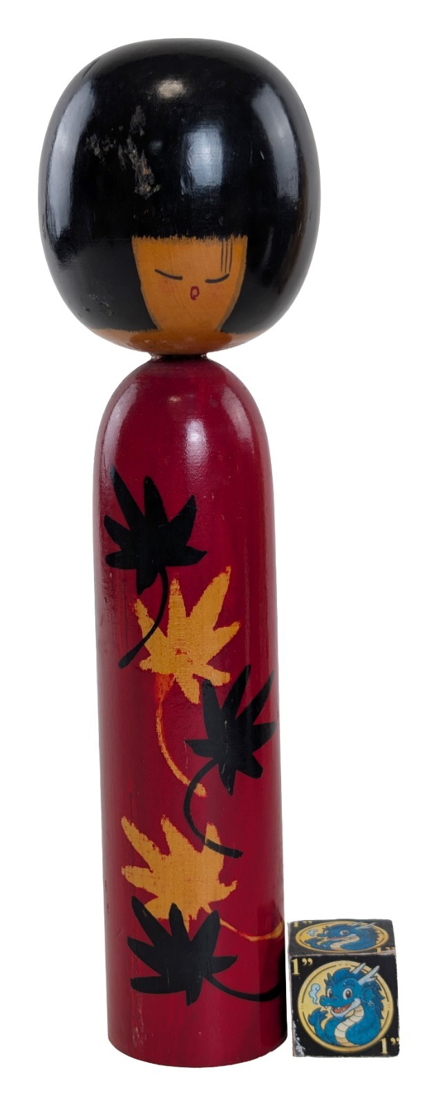 Vintage Creative Kokeshi Doll w/ Maple Leaf Design by Ryosuke from Japan 23cm 9