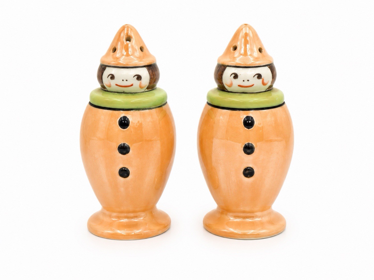 Rare Noritake Pierrot Clown Salt Pepper Shakers Peach Luster Japan Pair
