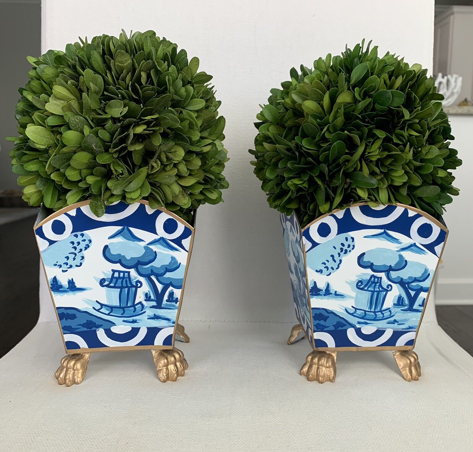 Gorgeous Pair Blue White Chinoiserie Cachepot by Dana Gibson