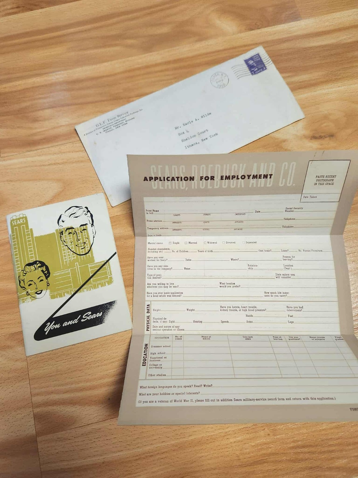 1940s Vintage SEARS ROEBUCK Employment Application, Welcome Booklet & Letter WW2
