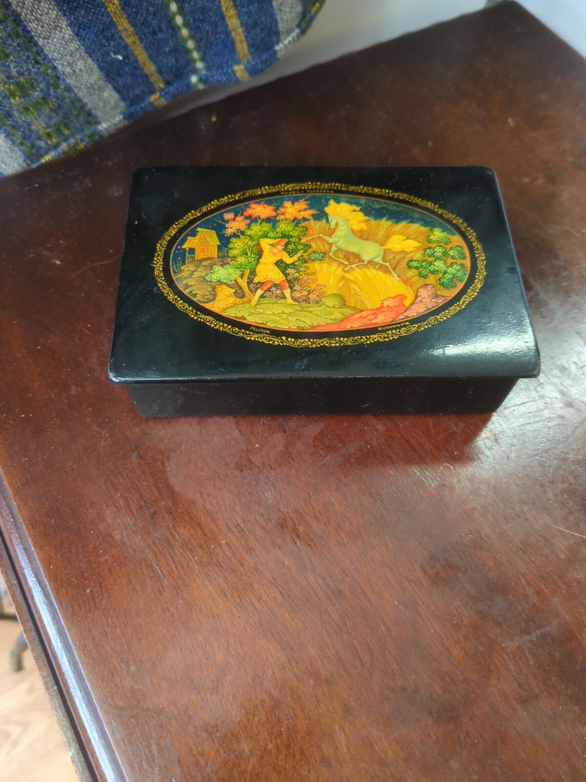 Vintage Kholui Russian Ussr Hand painted Laquer Box Horse Wheat Fairy Tale Box Vintage Kholui Russian Ussr Hand painted Laquer Box Horse Wheat Fairy Tale Box