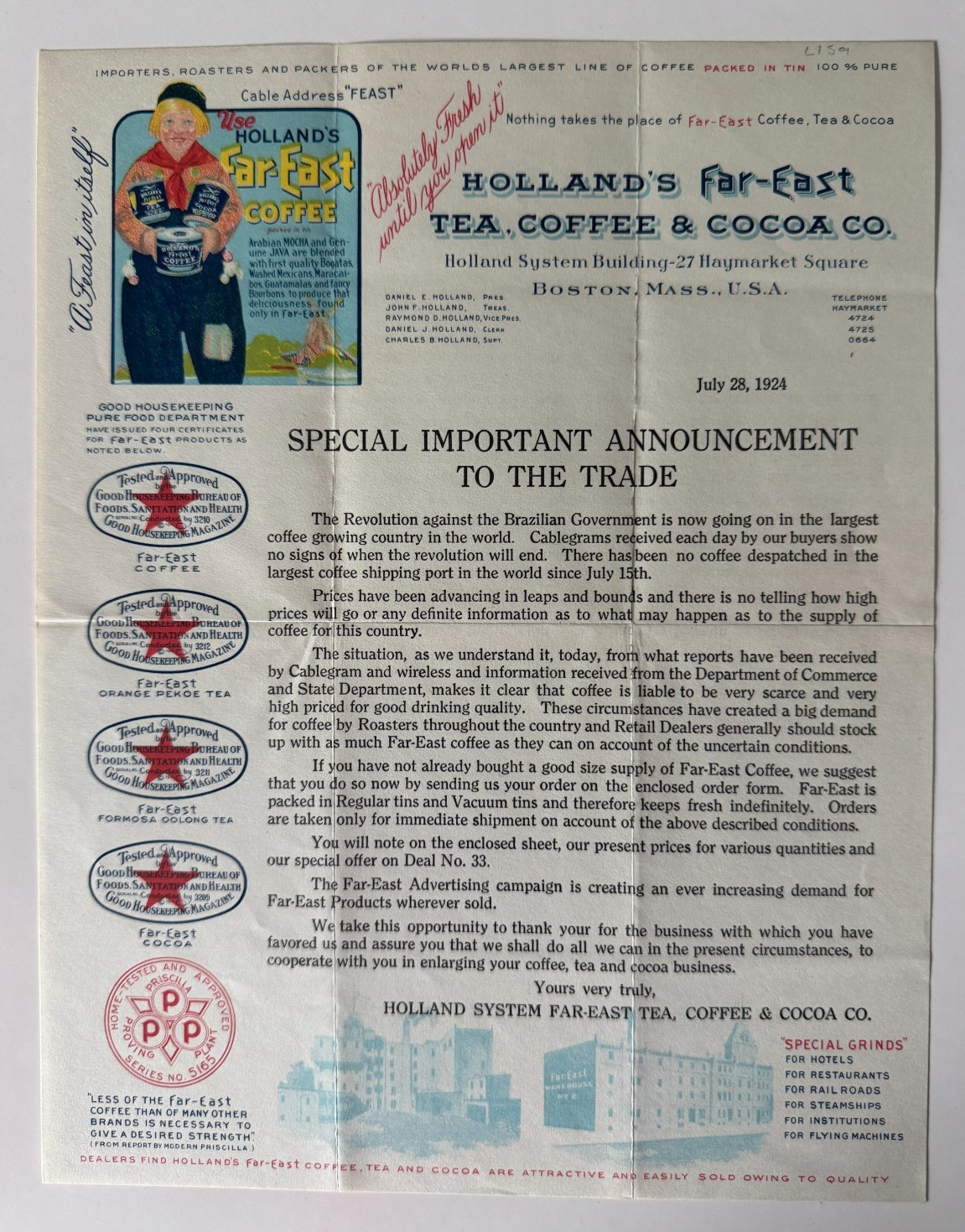 1924 Advertising Letterhead Boston MA Holland Far East Tea Coffee Cocoa color