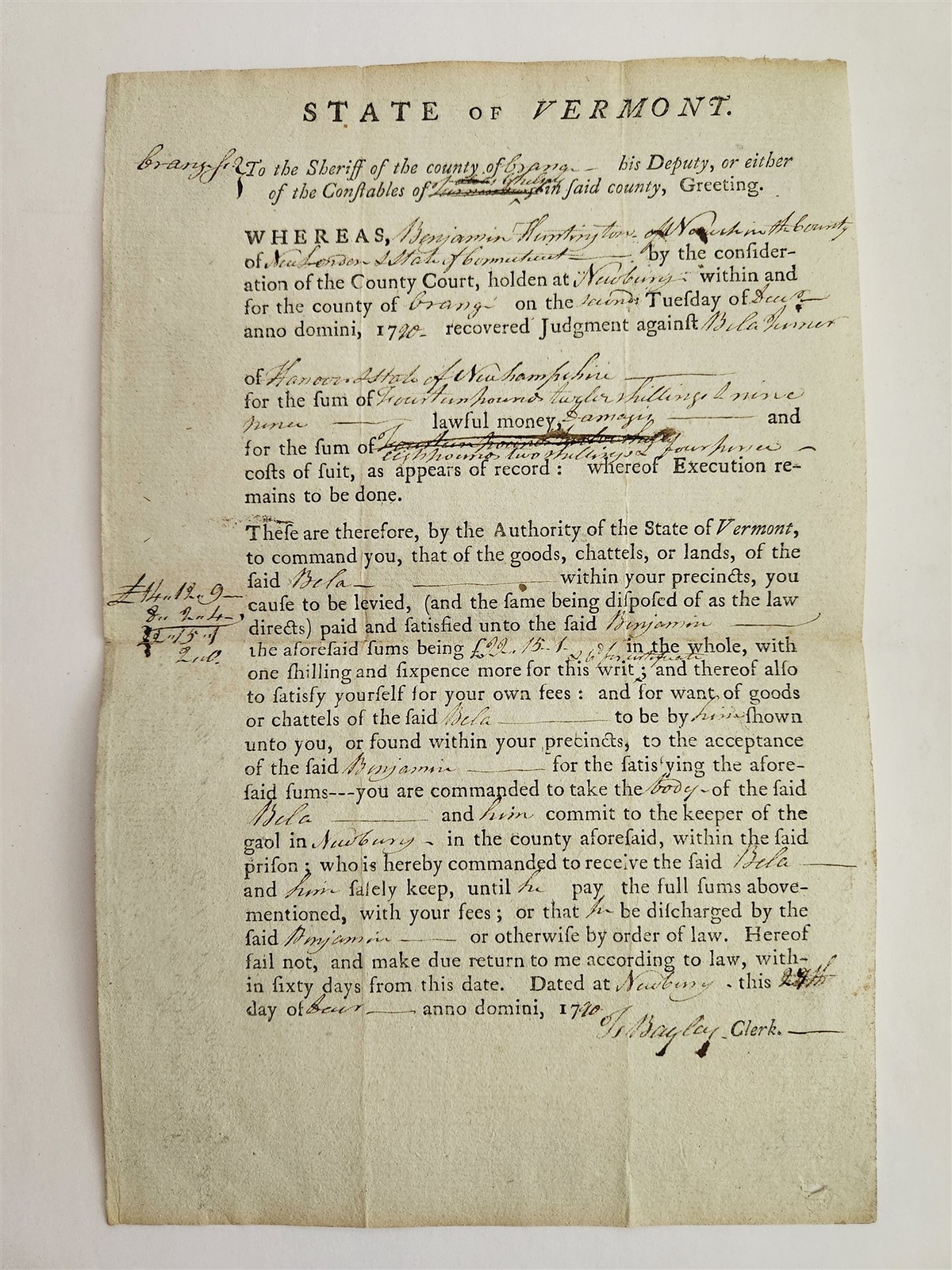 1796 antique STATE OF VERMONT orange co COURT EXEC new london ct BENJ HUNTINGTON