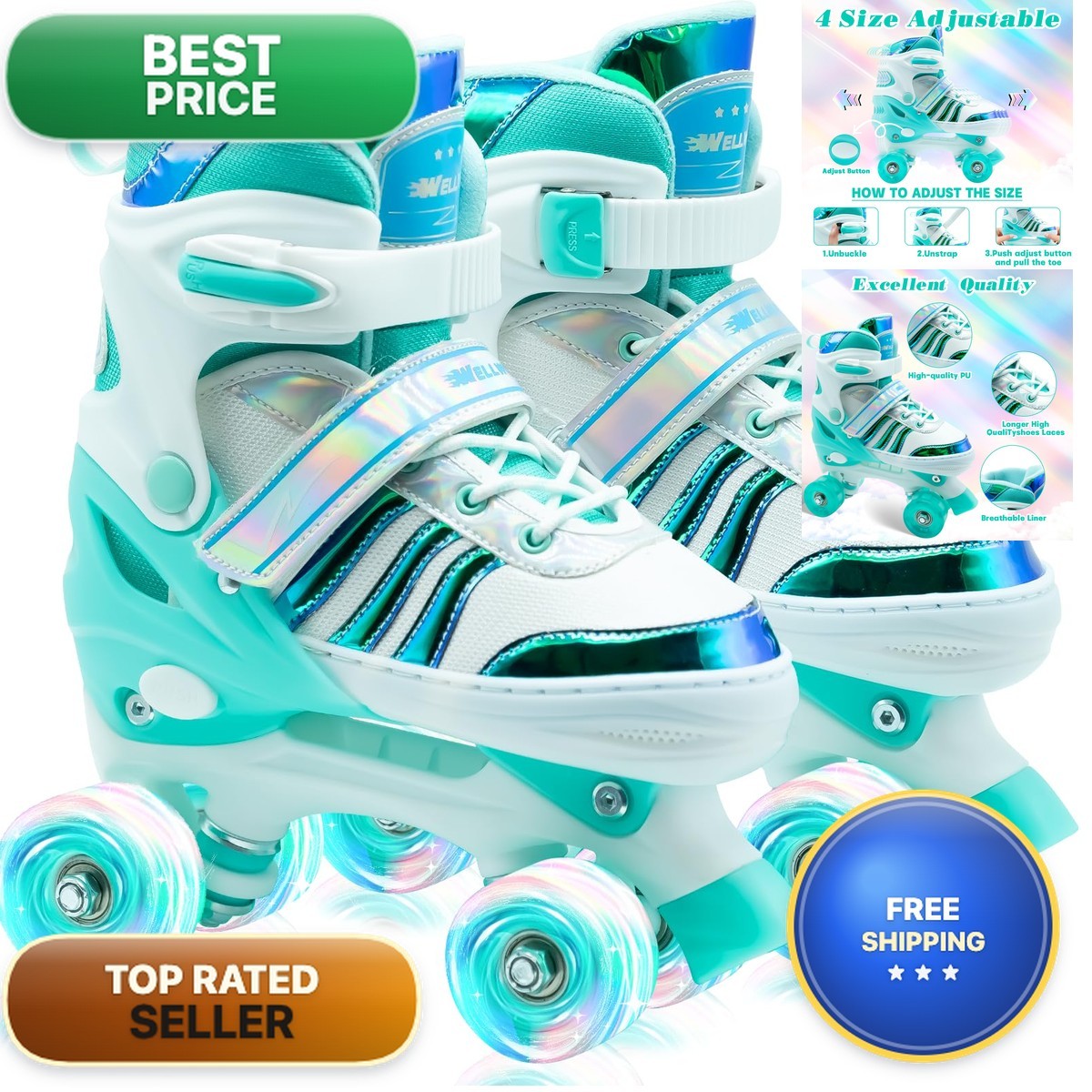 WELLWON Adjustable Quad Skates Age 5-8 Light Up Wheels Children Indoor Outdoor