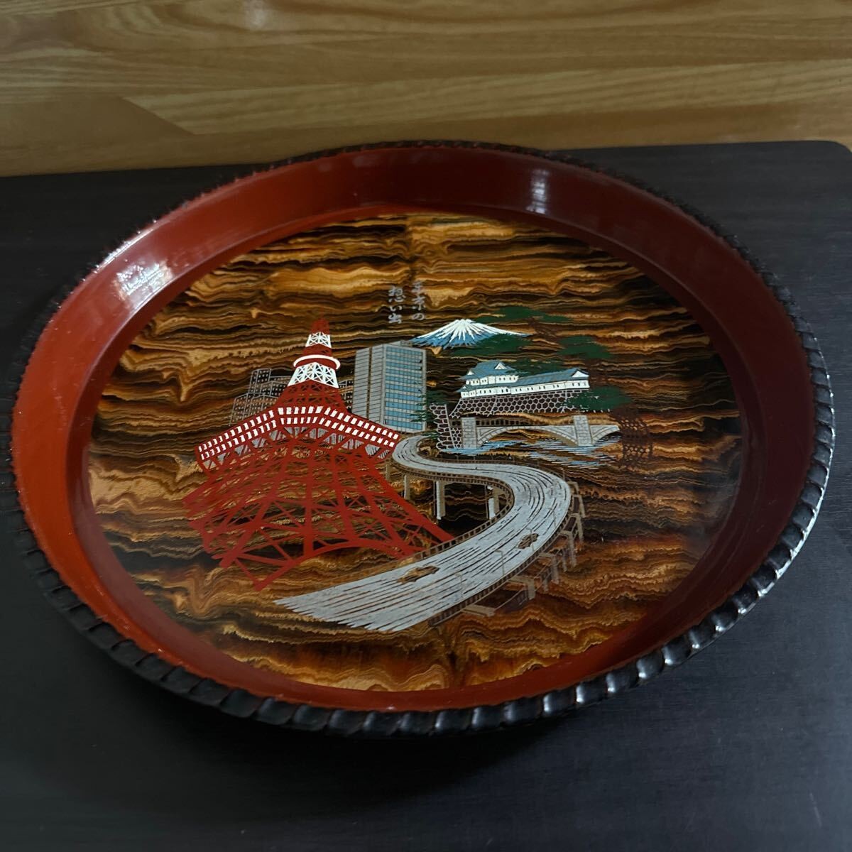 Vintage Japanese Wooden Round Tray Showa Retro Kyorai Souvenir Japan Decor