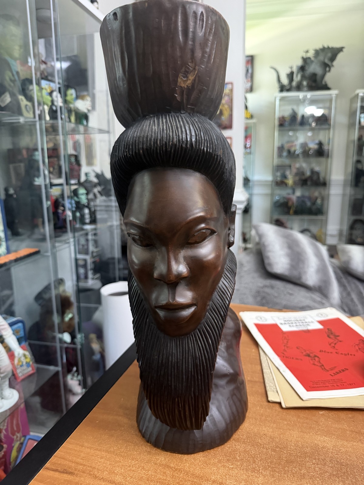 Vintage Tribal Warrior African Carved Statue Bust Heavy Wood