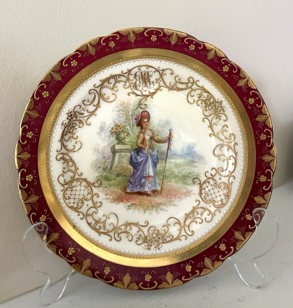 Rare Atq Ambrosius Lamm Dresden Plate Monogram Jeweled Gold Encrusted 7 3/4 Rare Atq Ambrosius Lamm Dresden Plate Monogram Jeweled Gold Encrusted 7 3/4