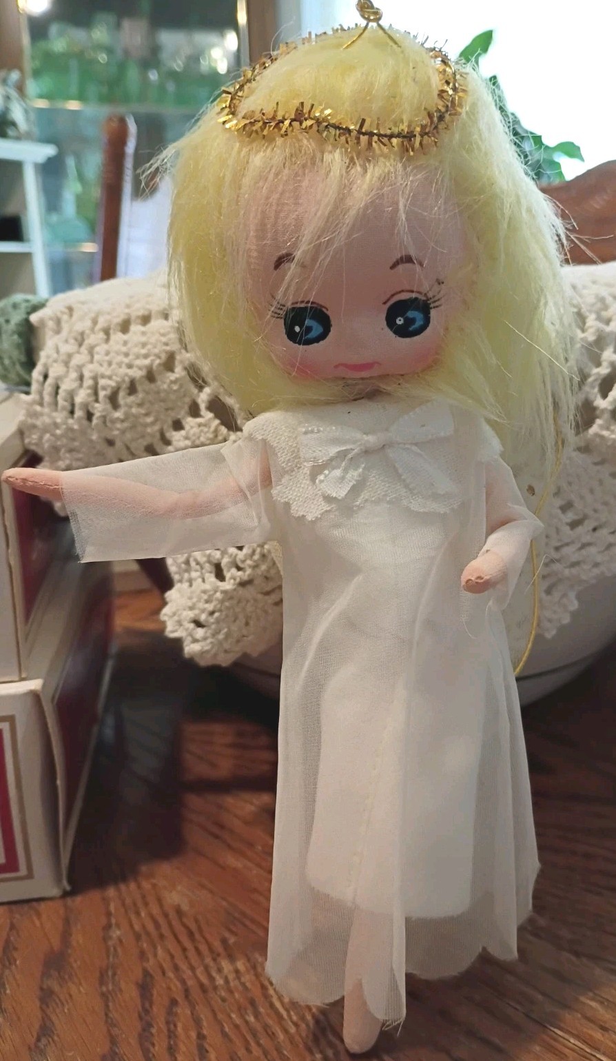 Vintage Jestia Yellow Hair Angel Tulle Wings Pixie Fairy Stockinette Ornament