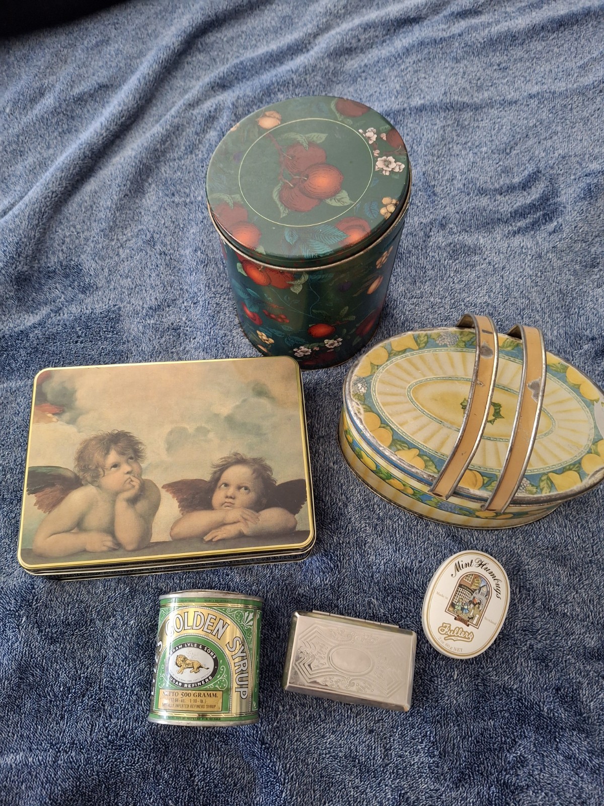 Vintage Tin Lot of 6 Antique Tindeco Basket Raphael Cherub Lyle Golden Syrup Min
