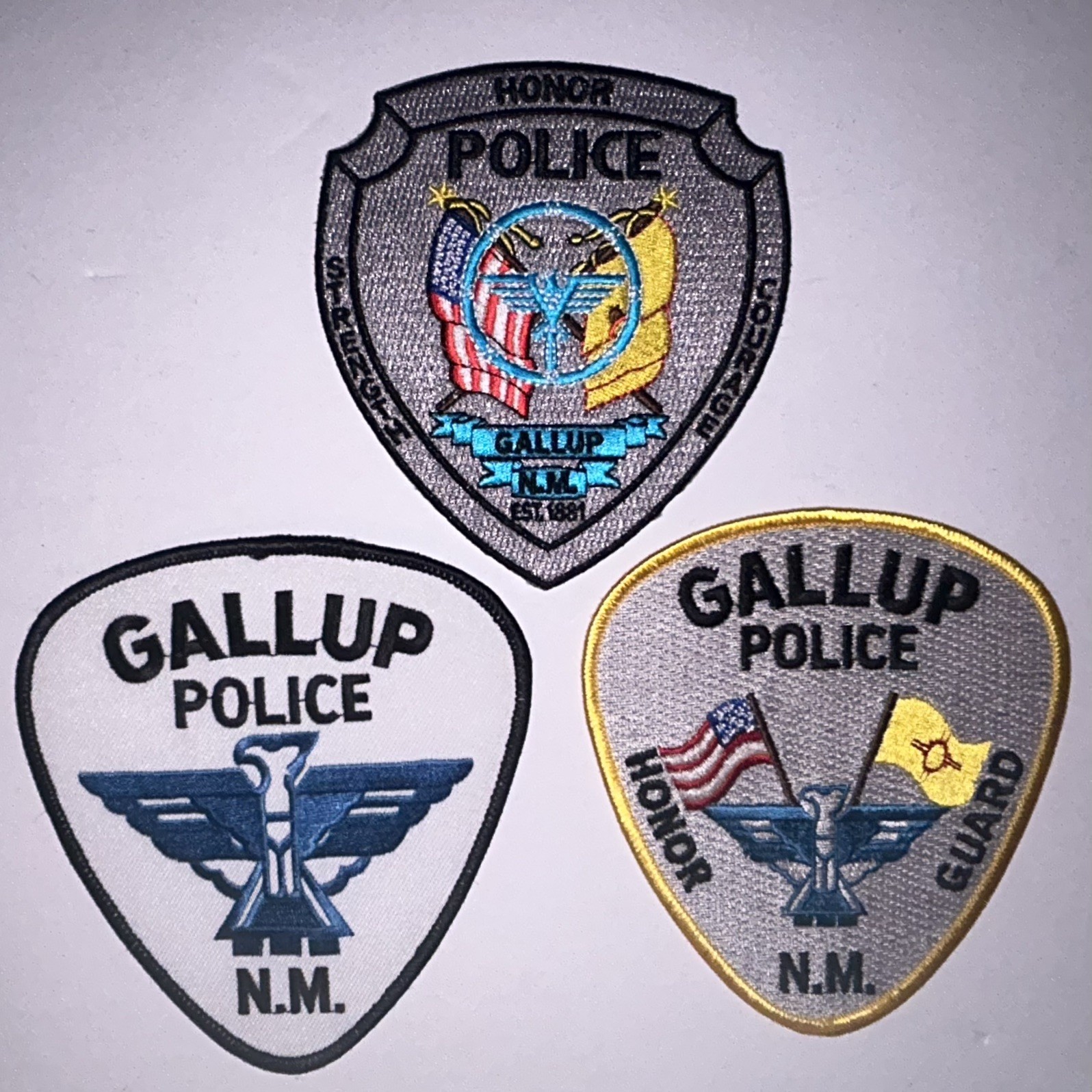 3 Patches: GALLUP NM NEW MEXICO POLICE HONOR GUARD, 1881 Strength Honor Courage.