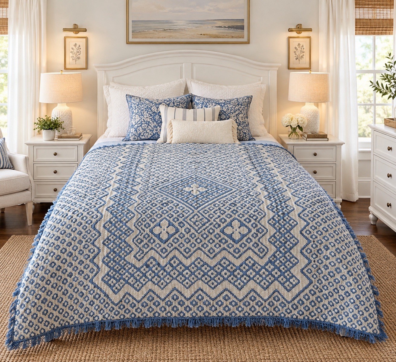 Vintage Blue and White Chenille Queen/King Coverlet Coquette Cottage Core