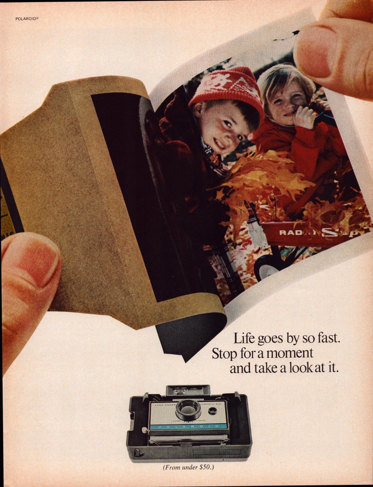 1967 Polaroid Camera Print Ad Full Page Kids Fall Leaves Instant Film Under $50