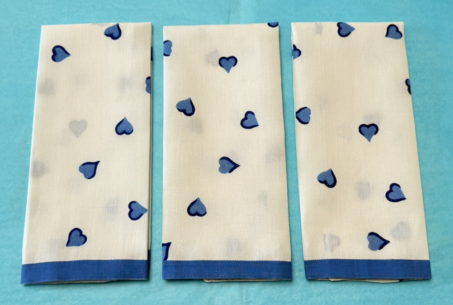 Vintage D. Porthault Flax Linen Guest Hand Towels Set of 3 Blue Coeurs Hearts