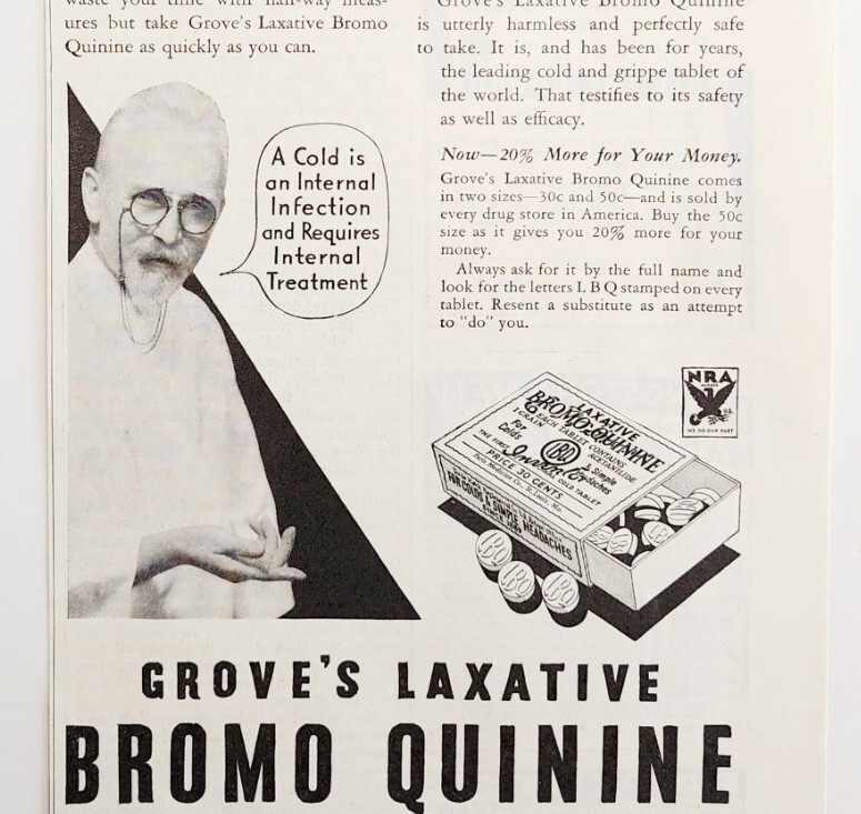 1934 Grove\'s Laxative Bromo Quinine Advertisement Medical Ephemera 