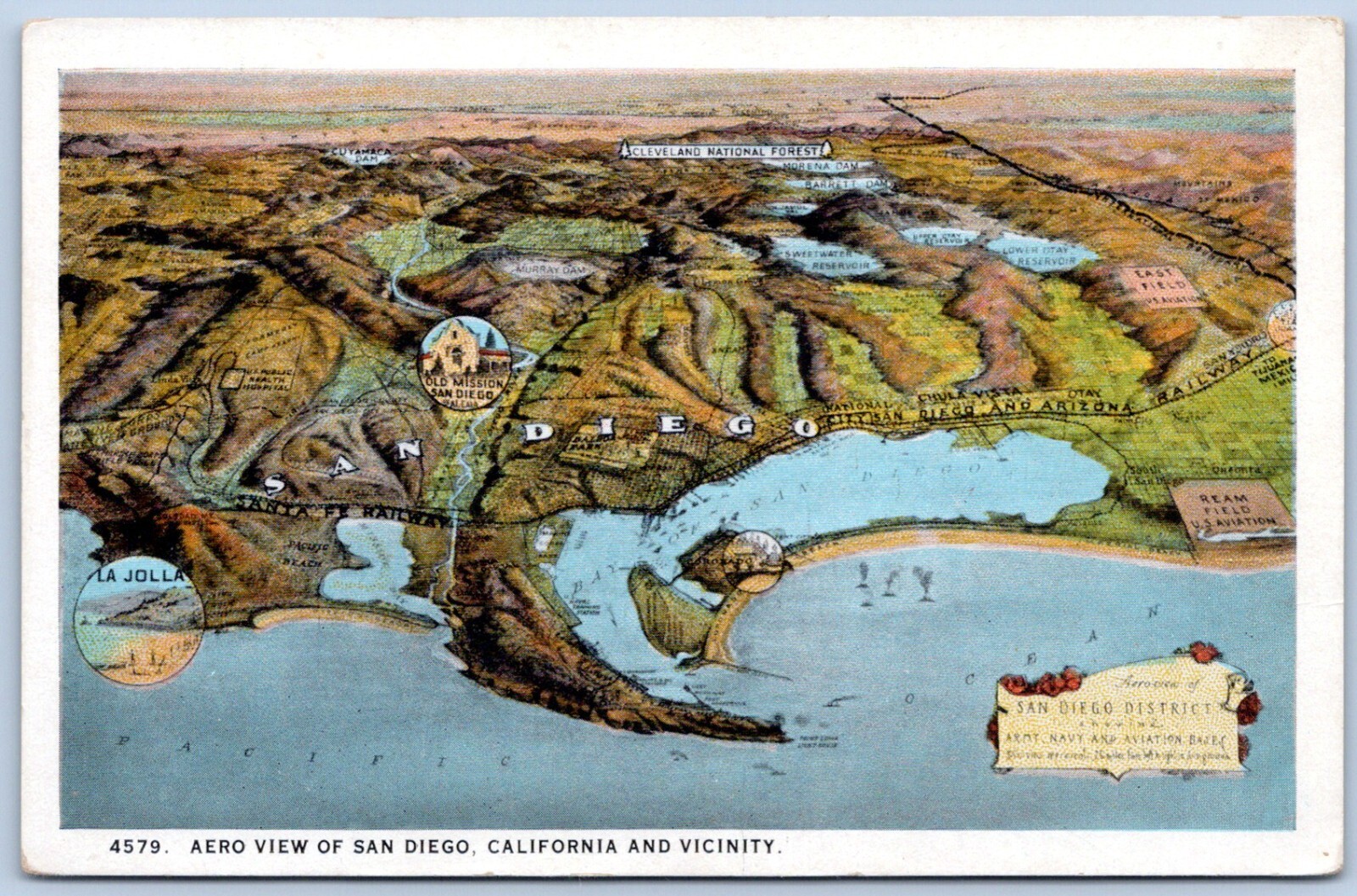 Postcard CA Aero View Of San Diego California & Vicinity Map Military Bases P10D