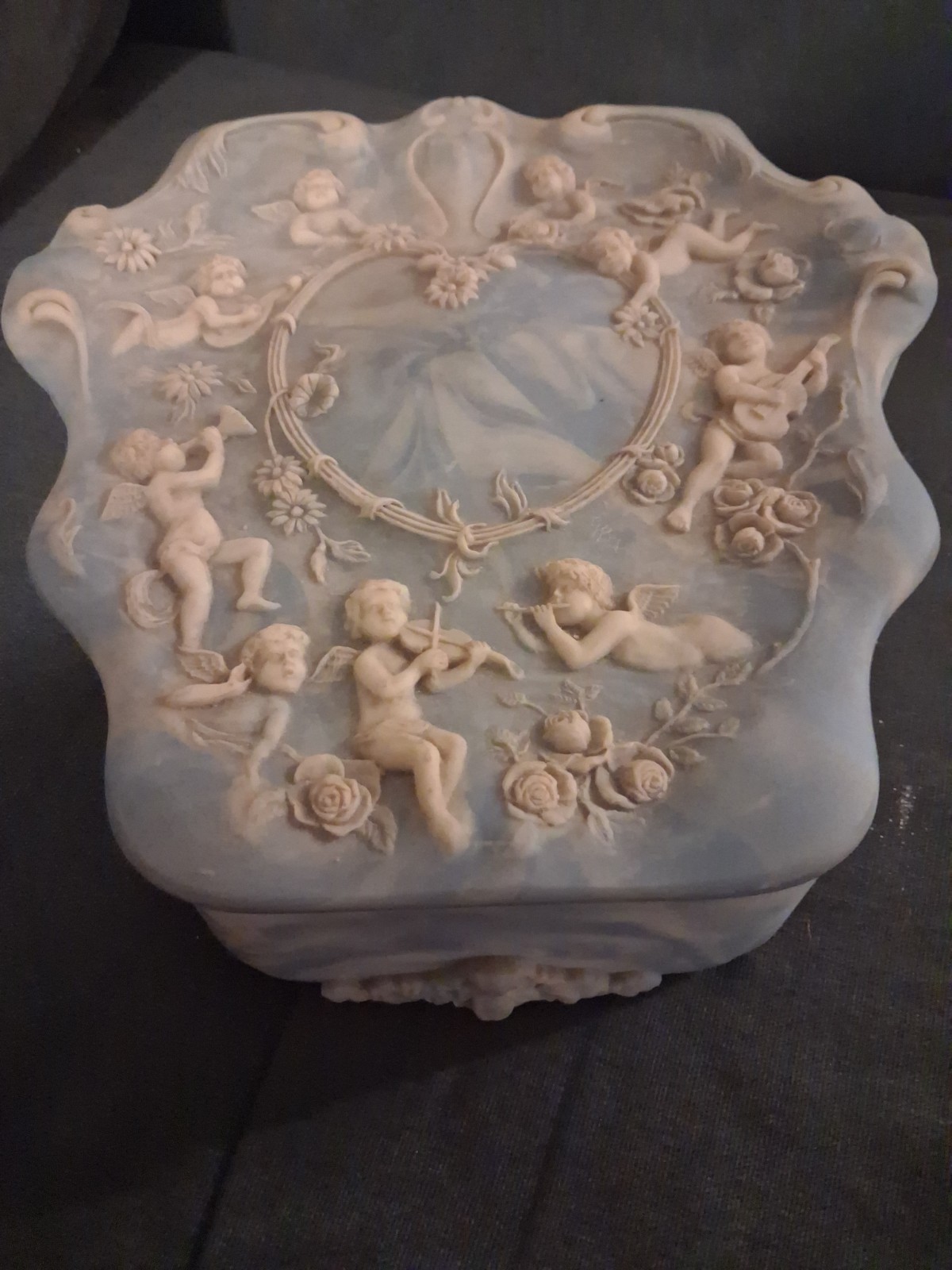 Large vintage Incolay stone jewelry box Insert Velvet Lined Cherubs Roses Heart