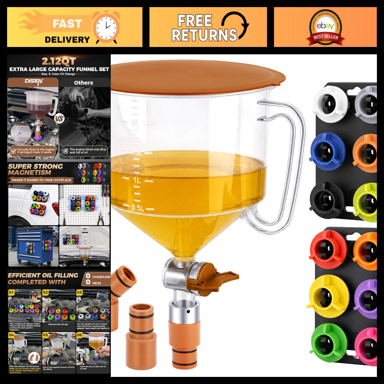 17PCS Engine Oil Funnel Kit - 2L Capacity, 12 Adapters & Magnetic Trays, Auto To