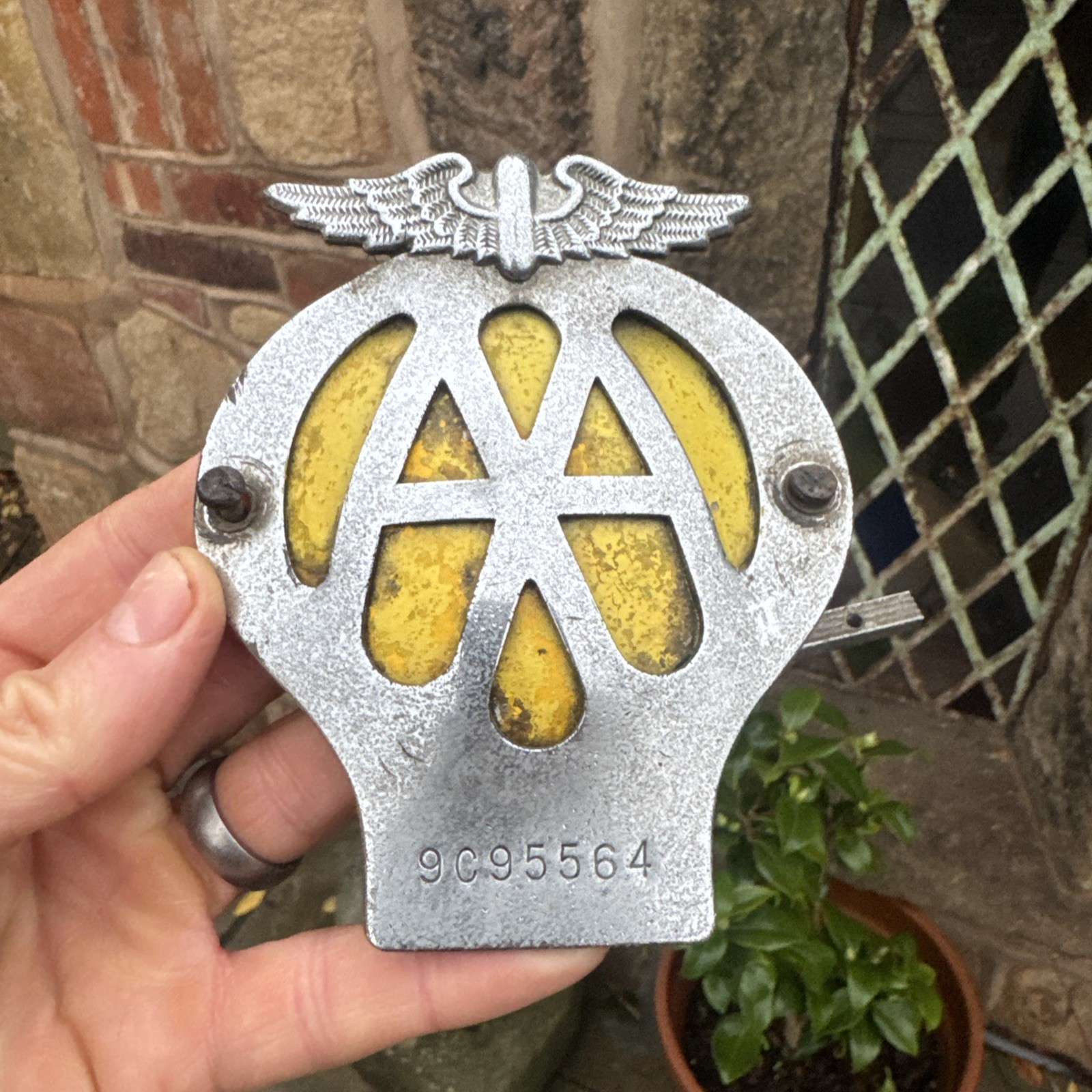 Vintage AA Metal Car Badge Automobile Yellow 9C95564  Grille With Fittings