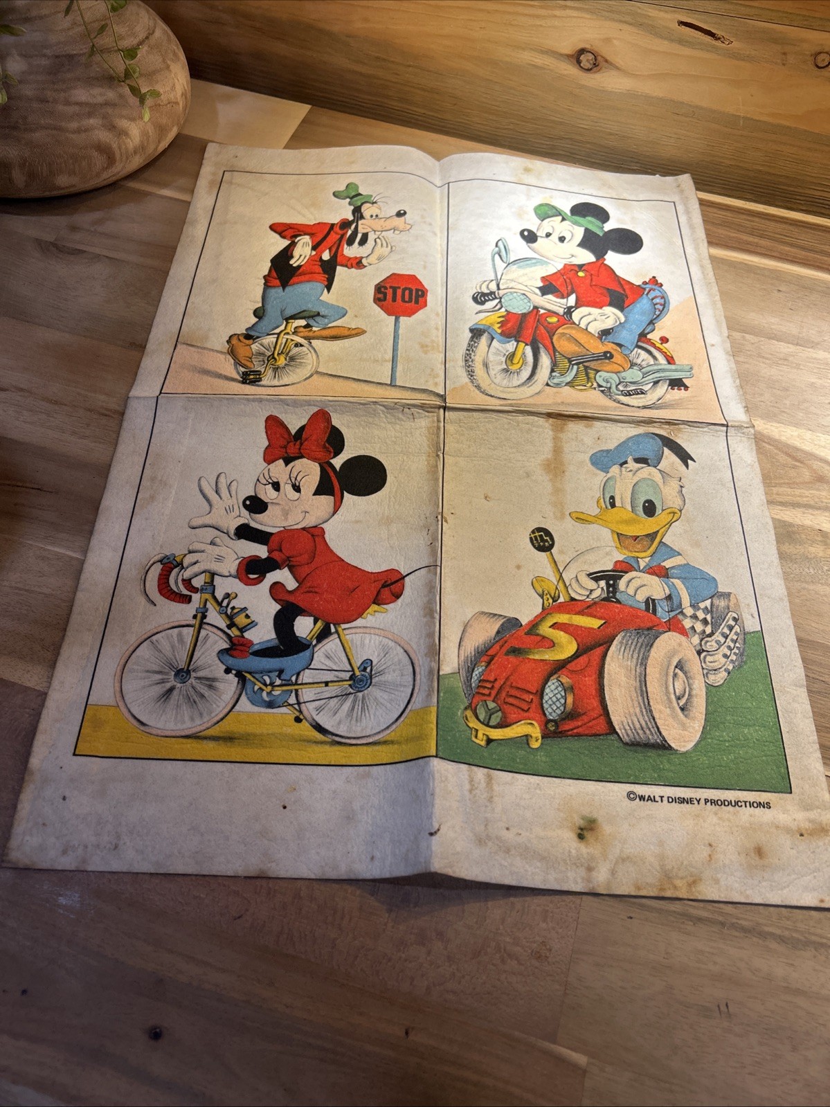 VINTAGE Sheet of Disney Mickey Minnie Goofy Donald Duck color Lithograph, Stains