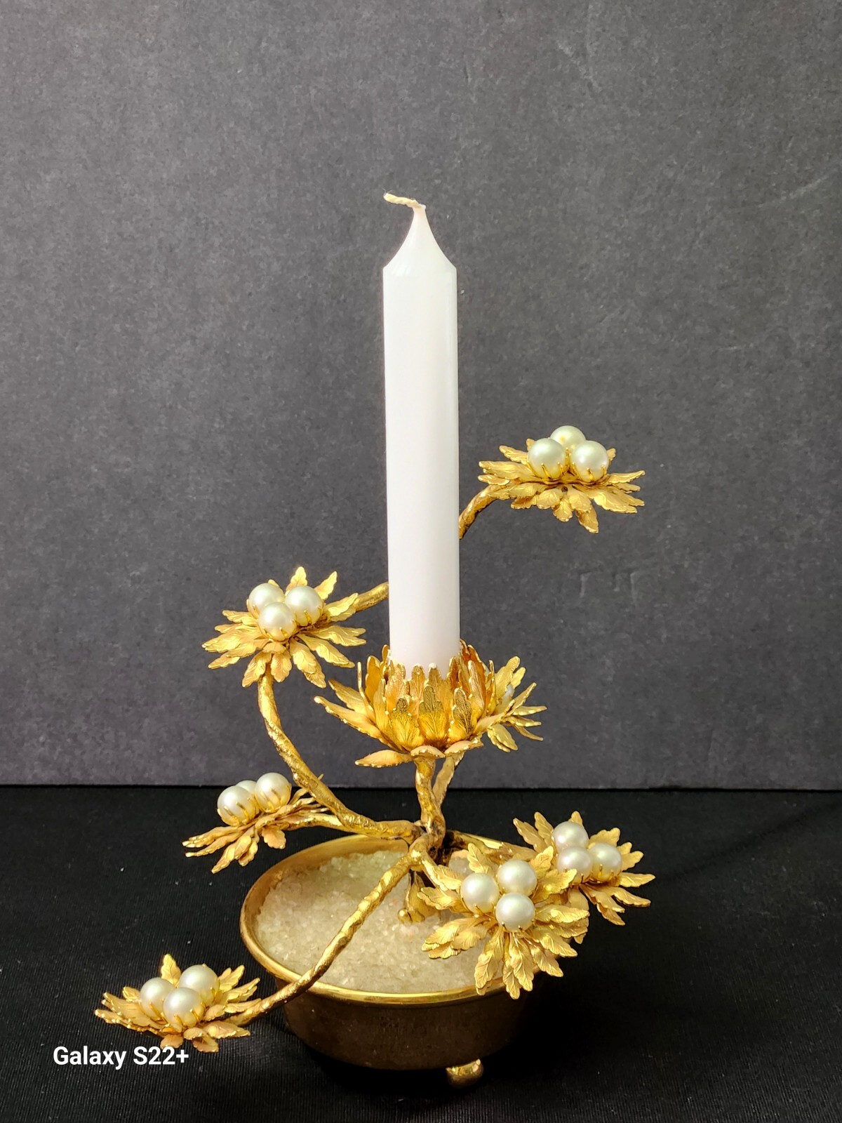 Opulent Goldtone Metal & Pearl Lotus Blossom Bonsai Candleholder  Regency