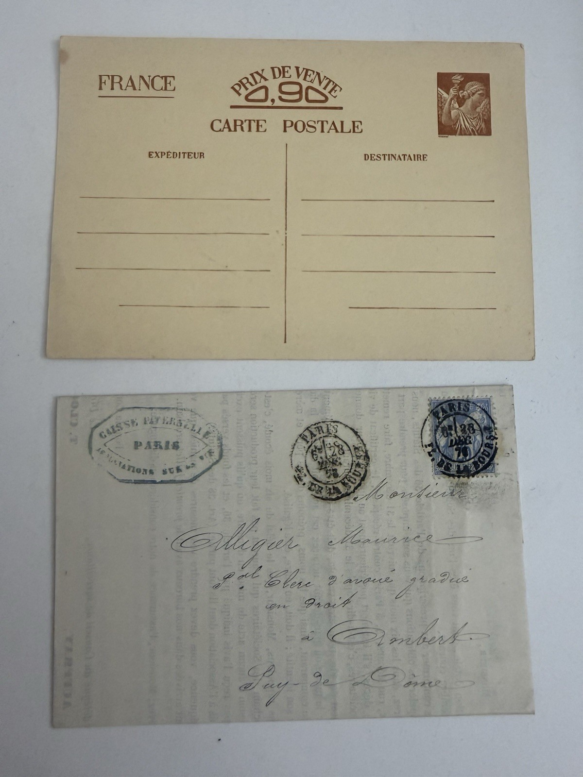 Antique France Ephemera Lot 1877 Insurance Letter w/ Stamp & WWII Postal Card