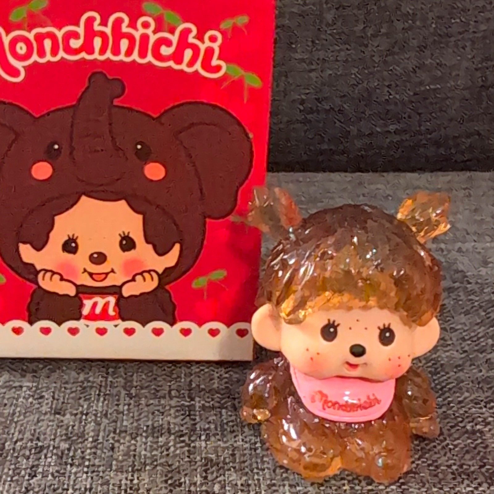 Monchhichi Resin Girl Figurine Amber/Pink Bib Cartoon Character w/ Box