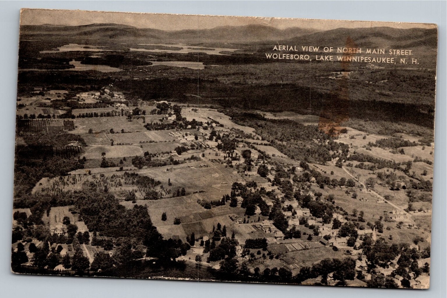 1940 Wolfeboro NH Aerial View North Main Street Lake Winnipesaukee Postcard