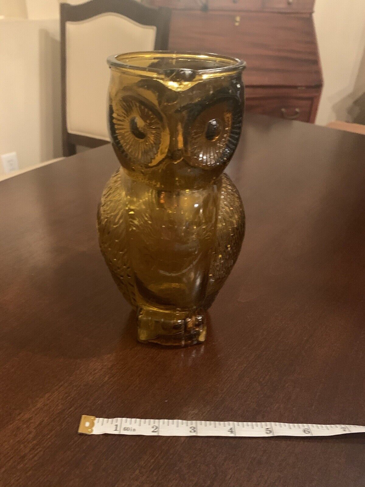 Vintage Mid Century Kanawha Glass Co. Amber Owl Pitcher 8 1/4” Tall