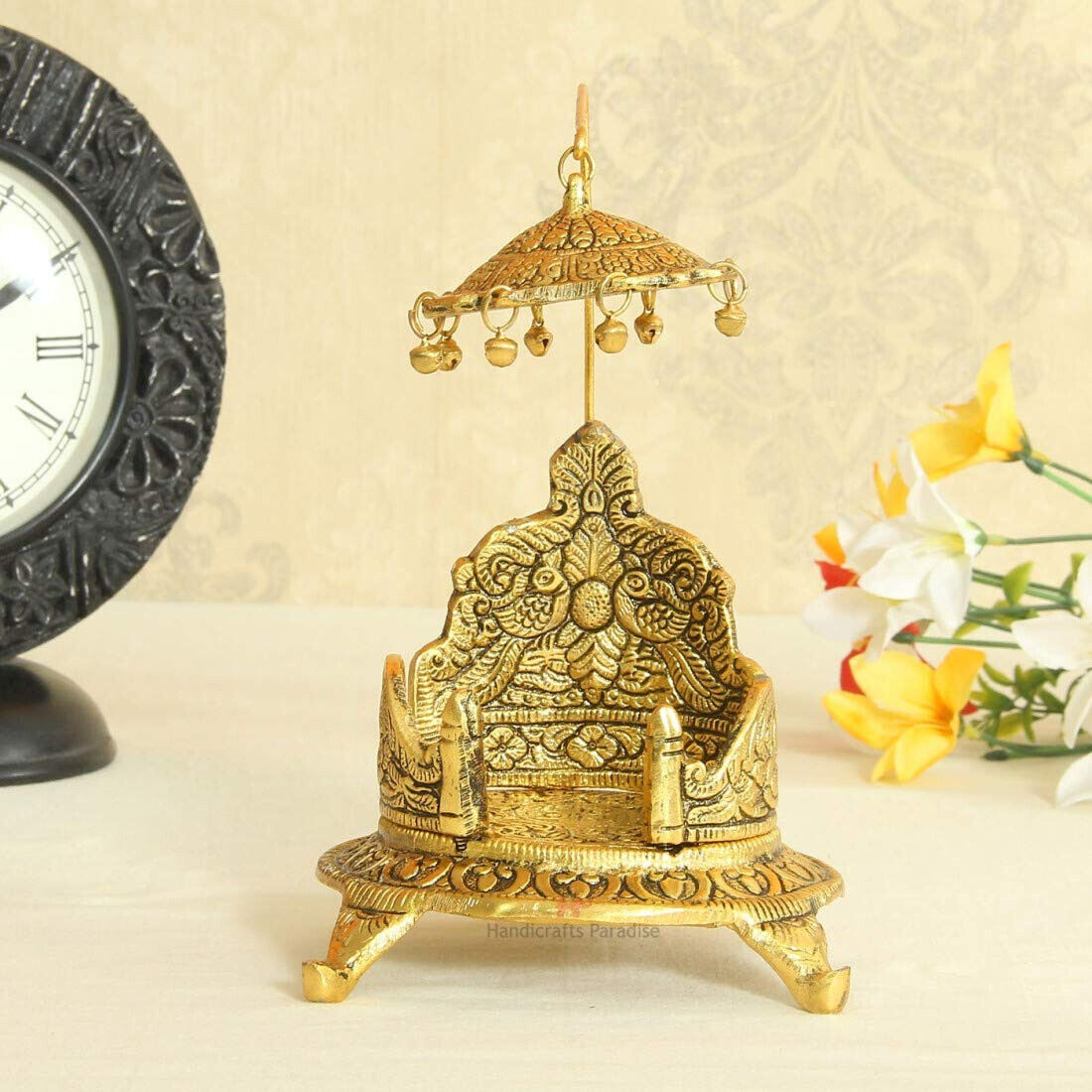 Traditional Antique Color Golden Oval Shaped Metal Singhasan For Janamashtimi