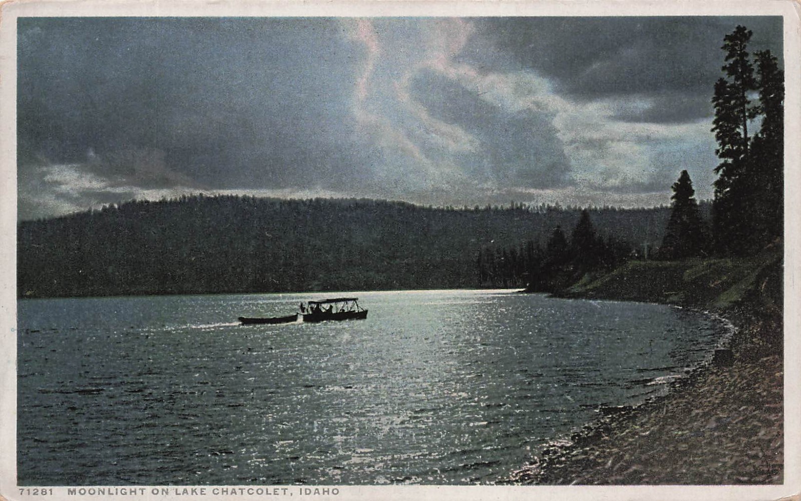 Lake Chatcolet ID Idaho Moonlight Boat Heyburn State Park Vtg Postcard 23A