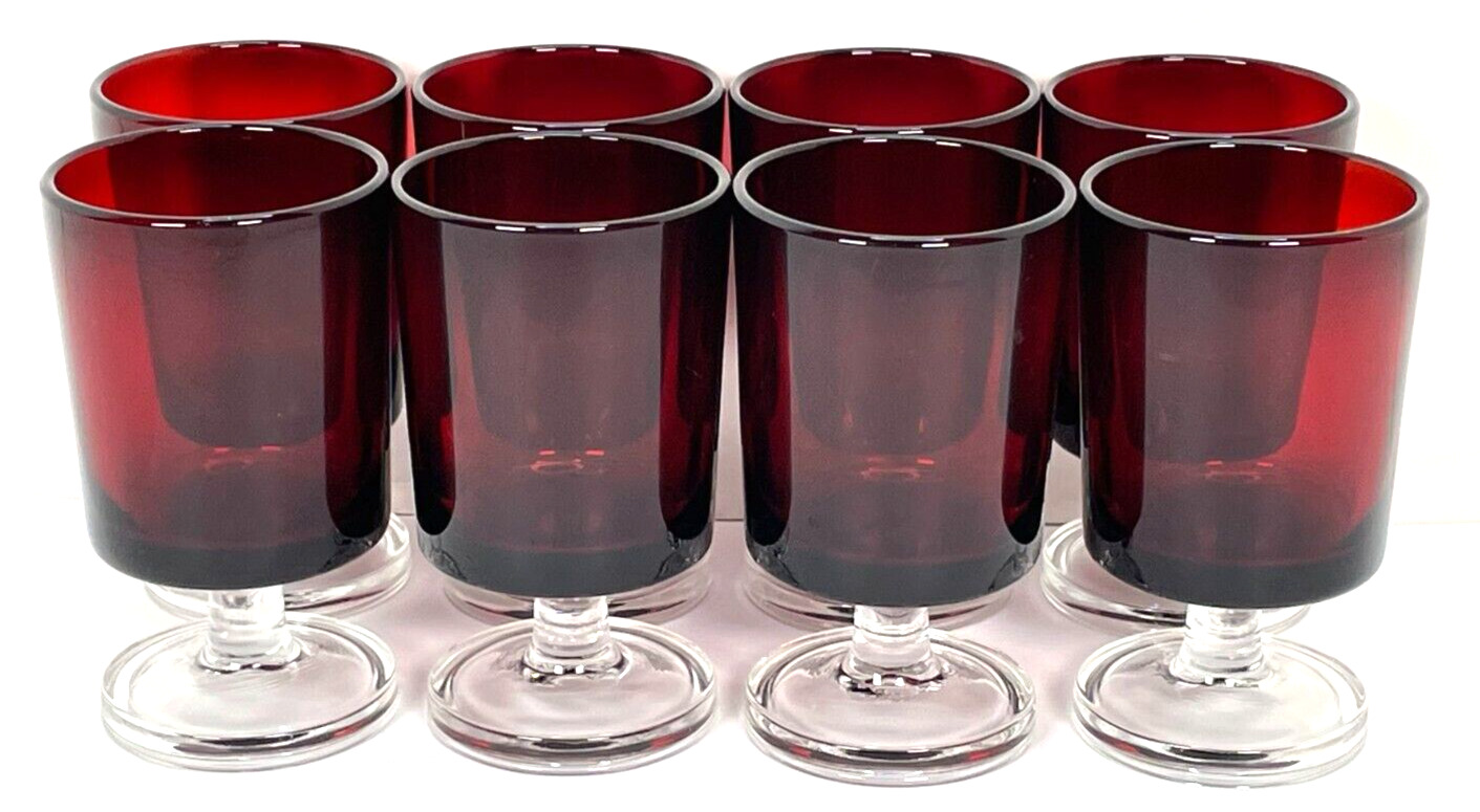 Set of 8 Vtg RUBY RED Cordial Shot Glasses France Luminarc Clear Stems & Base