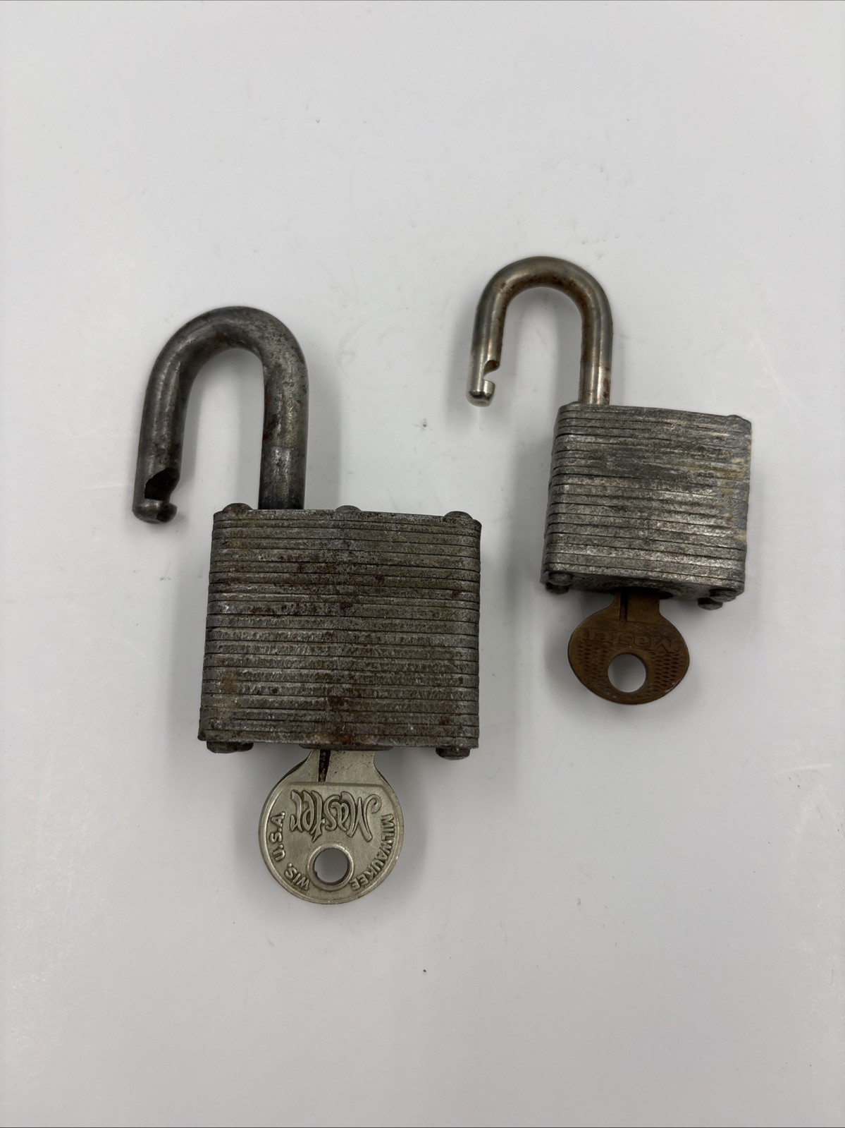 Pair 2 Vintage Master Lock Laminated Steel Padlocks With Keys Working Milwaukee