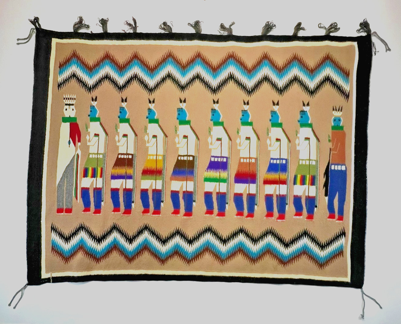 Vintage 1980s Navajo Style Yei Figures Wool Flatweave Wall Hanging 48.5\